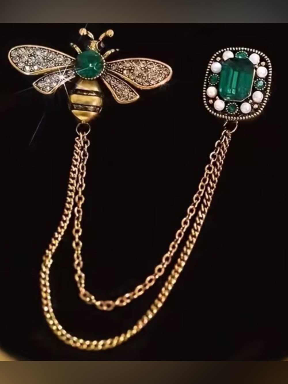 Gold Bee Brooch Chain with Emerald Green Accents